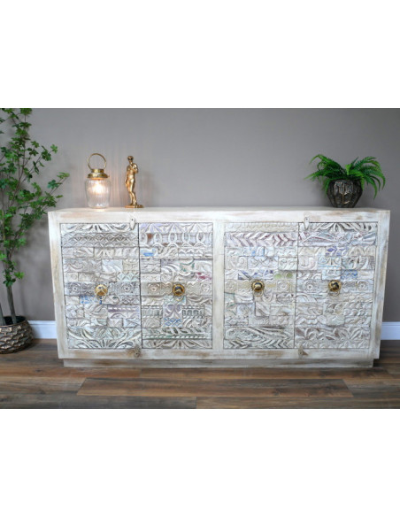 Bahut portes sculptées avec pièces de bois recyclé