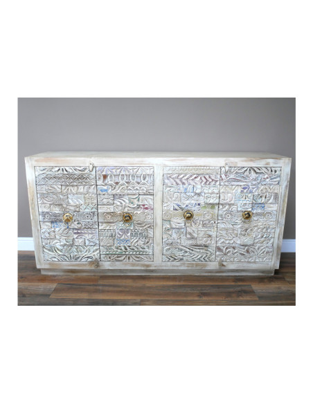 Bahut portes sculptées avec pièces de bois recyclé