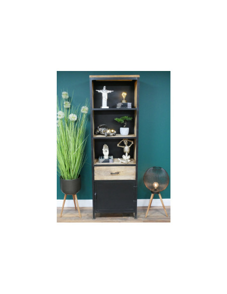 Bibliothèque colonne en métal et bois avec tiroir