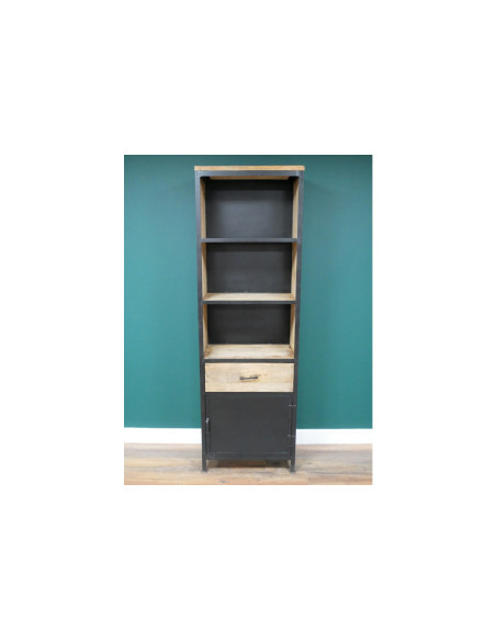 Bibliothèque colonne en métal et bois avec tiroir