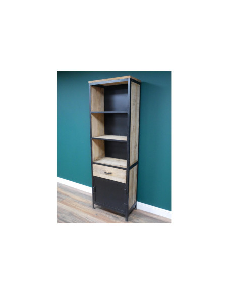 Bibliothèque colonne en métal et bois avec tiroir