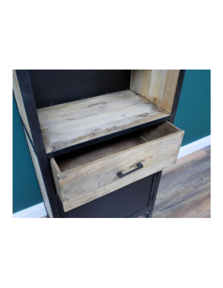 Bibliothèque colonne en métal et bois avec tiroir