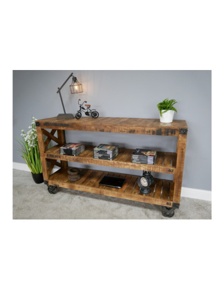 Console desserte roulante indus en bois et métal