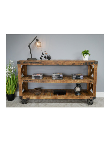 Console desserte roulante indus en bois et métal