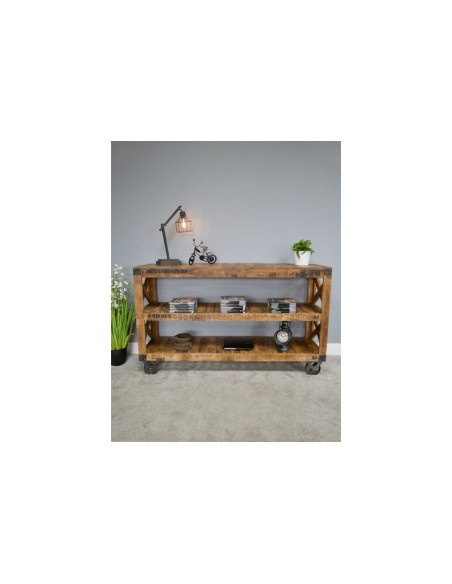 Console desserte roulante indus en bois et métal