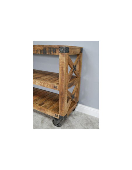 Console desserte roulante indus en bois et métal