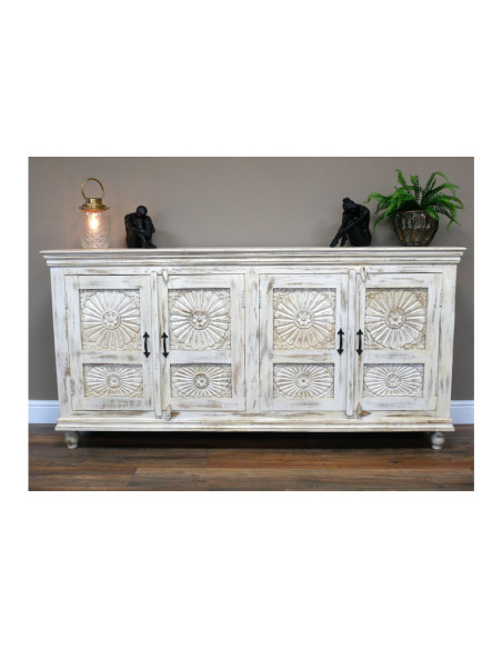 Grand buffet blanchi en bois massif 4 portes sculptées