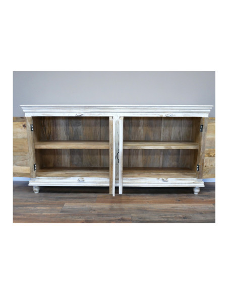 Grand buffet blanchi en bois massif 4 portes sculptées