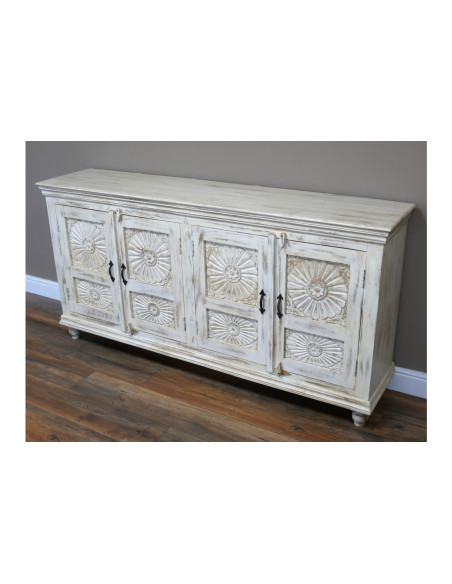 Grand buffet blanchi en bois massif 4 portes sculptées
