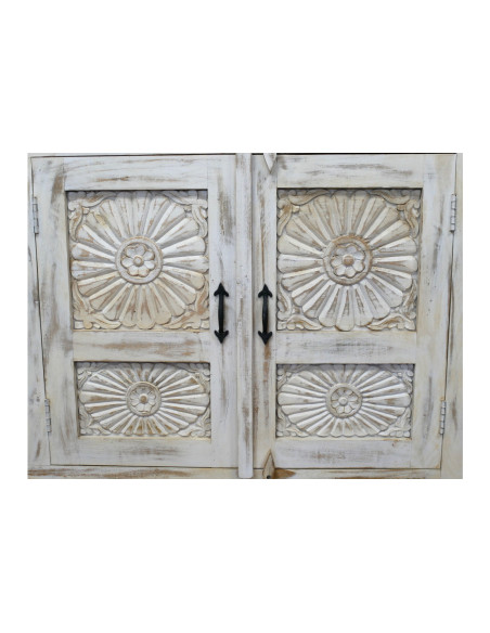 Grand buffet blanchi en bois massif 4 portes sculptées