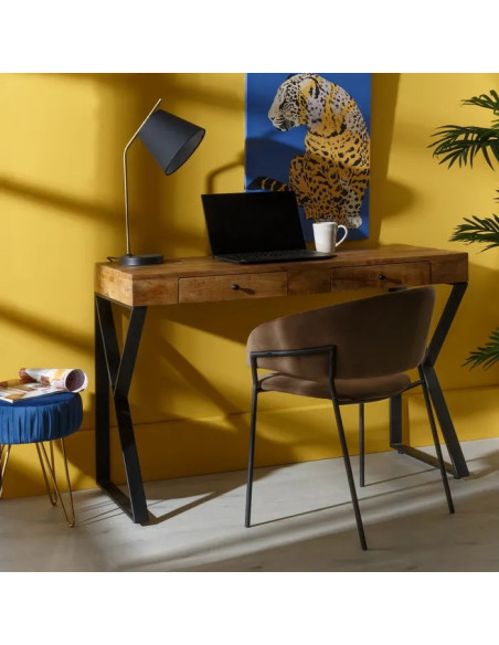 Bureau 2 tiroirs en manguier et métal