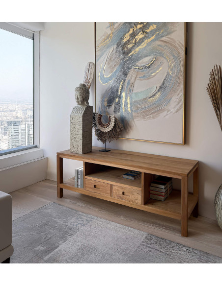 Meuble TV en teck avec niches et tiroirs
