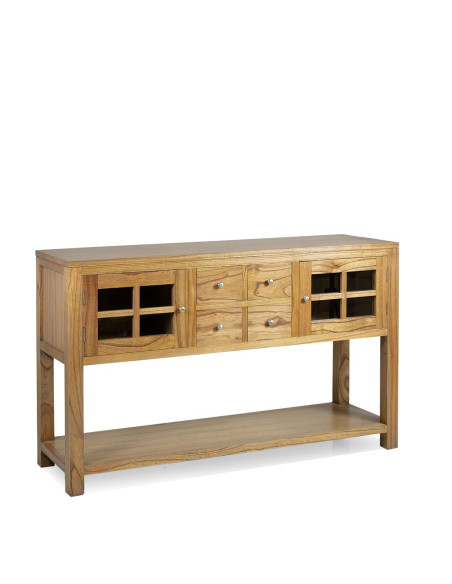 Console double plateau en mindi 2 portes et tiroirs
