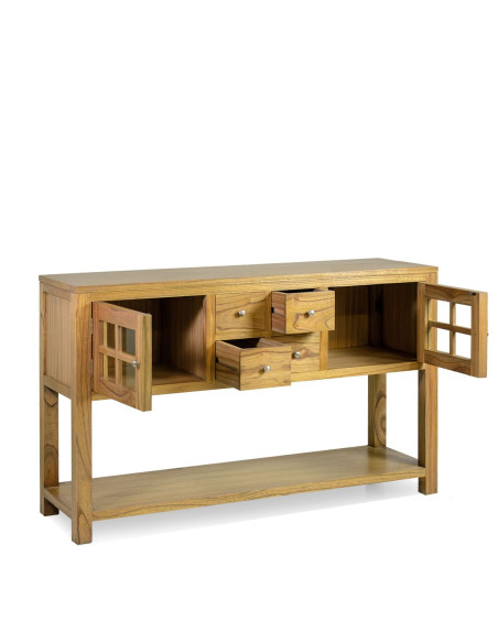 Console double plateau en mindi 2 portes et tiroirs