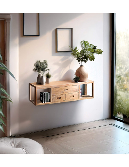 Console murale 3 tiroirs et 2 niches en teck