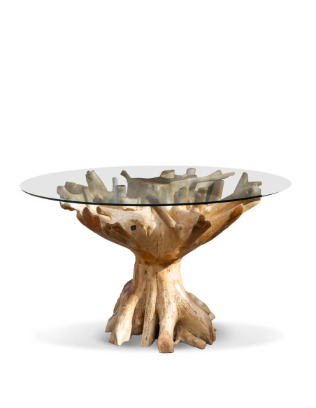 Table de repas ronde en racine de teck et verre