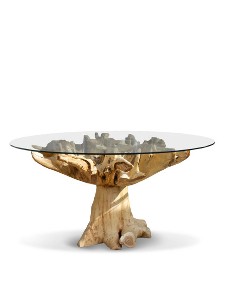 Table de repas ronde en racine de teck et verre