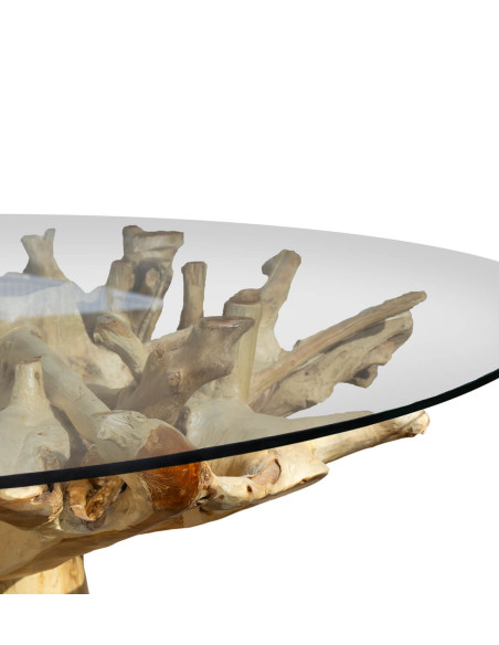 Table de repas ronde en racine de teck et verre