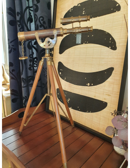 Télescope double lentille en laiton sur trépied en bois