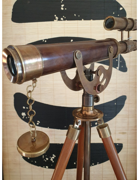Télescope double lentille en laiton sur trépied en bois