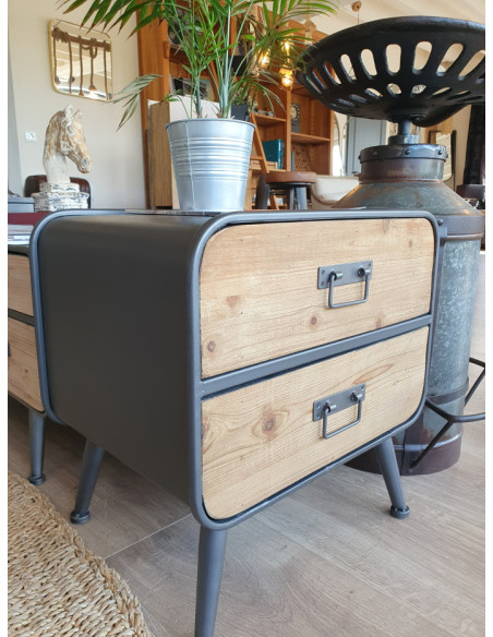 Table de chevet de style rétro et industriel avec deux tiroirs