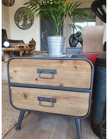 Table de chevet de style rétro et industriel avec deux tiroirs