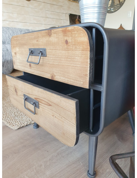 Table de chevet de style rétro et industriel avec deux tiroirs