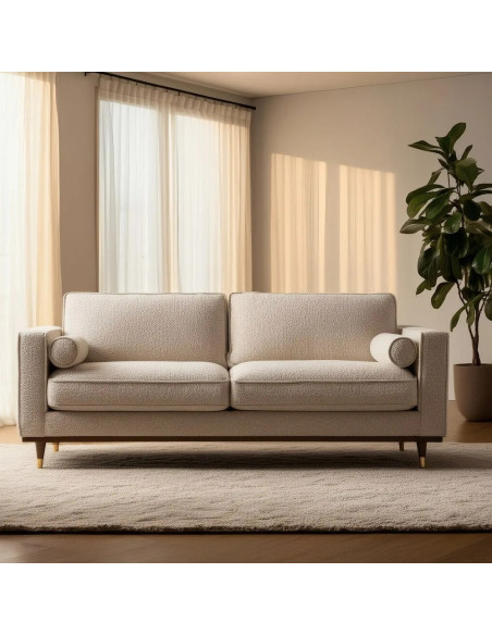 Canapé rectiligne en tissu beige et pieds bois