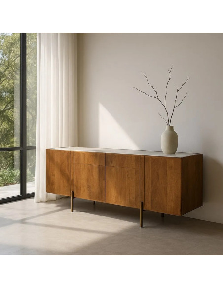 Grand bahut en acacia et plateau en marbre