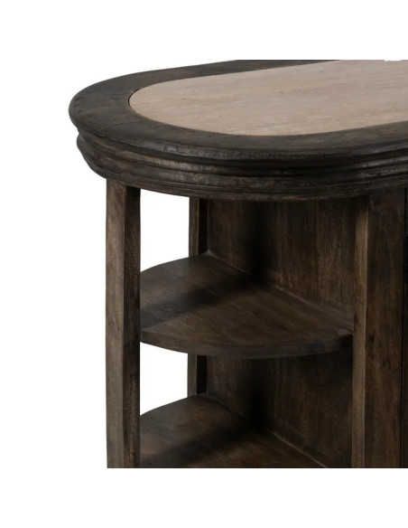 Îlot de cuisine ovale en manguier teinté et marbre