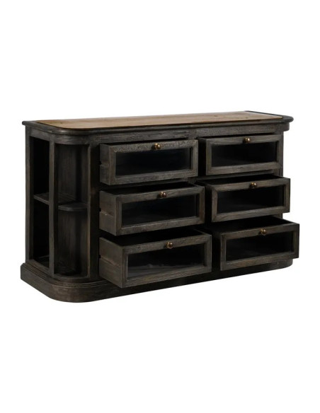 Buffet 6 tiroirs en manguier teinté et marbre