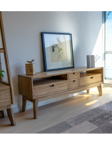 Meuble TV en bois clair avec tiroirs