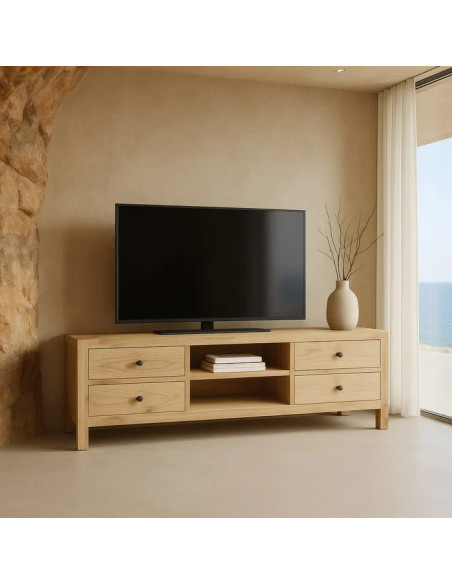 Meuble TV en mindi 4 tiroirs et 2 niches centrales