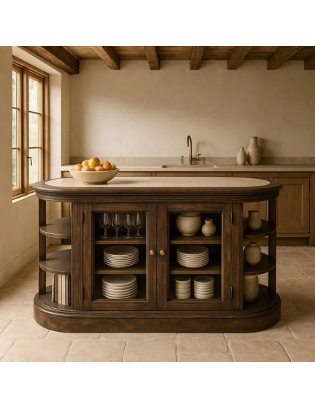 Îlot de cuisine ovale en manguier teinté et marbre