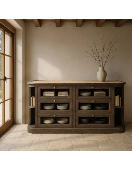 Buffet 6 tiroirs en manguier teinté et marbre