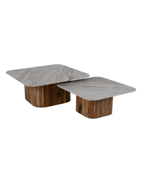 Lot de 2 tables basses carrées en marbre et acacia