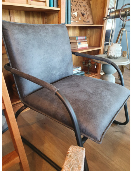 Fauteuil industriel en cuir gris à structure tubulaire Steve