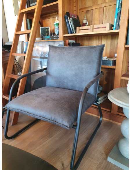 Fauteuil industriel en cuir gris à structure tubulaire Steve