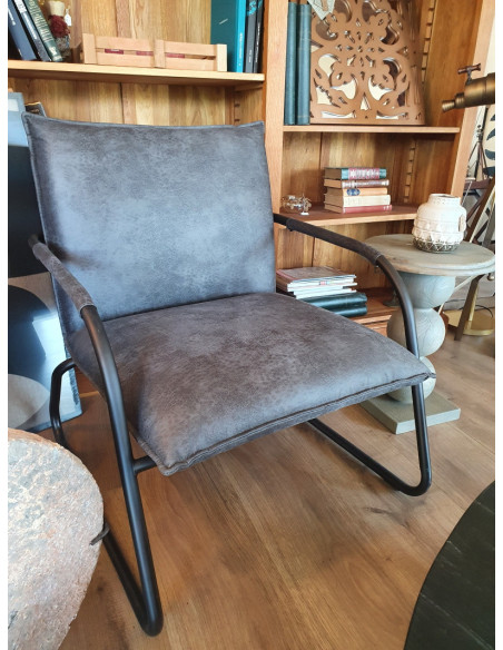 Fauteuil industriel en cuir gris à structure tubulaire Steve