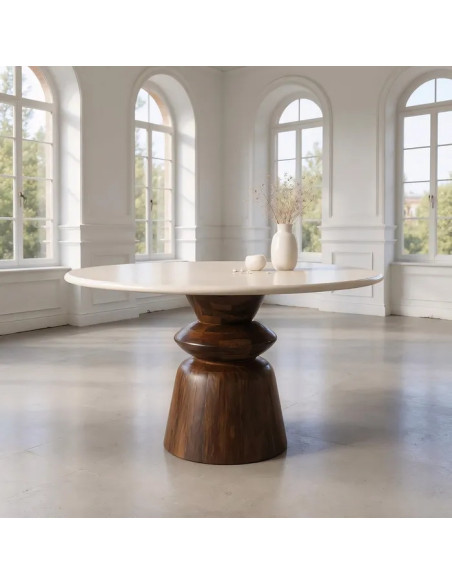 Table à dîner ronde en marbre et manguier