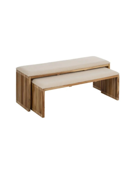 Lot de 2 banquettes en teck et tissu beige