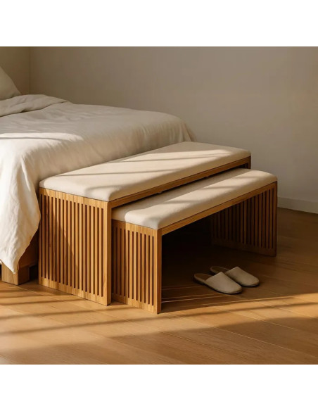 Lot de 2 banquettes en teck et tissu beige