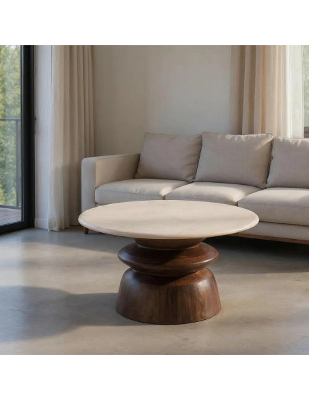 Table basse en manguier et marbre 75 cm