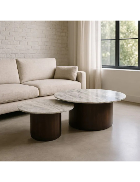 Lot de 2 tables basses rondes en manguier et marbre