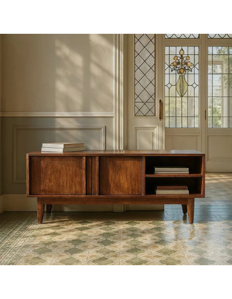 Meuble TV rétro 2 portes et 2 niches latérales