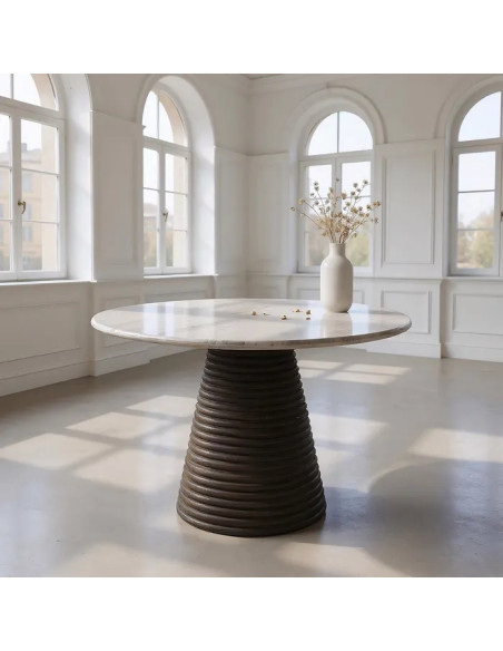 Table de repas ronde en manguier teinté et marbre 115 cm