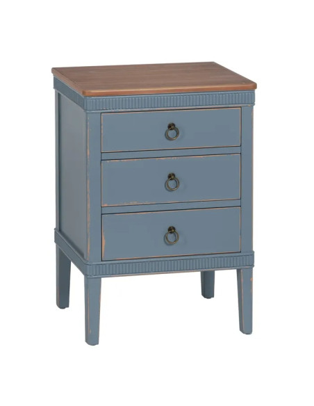 Table de chevet en bois patinée avec 3 tiroirs