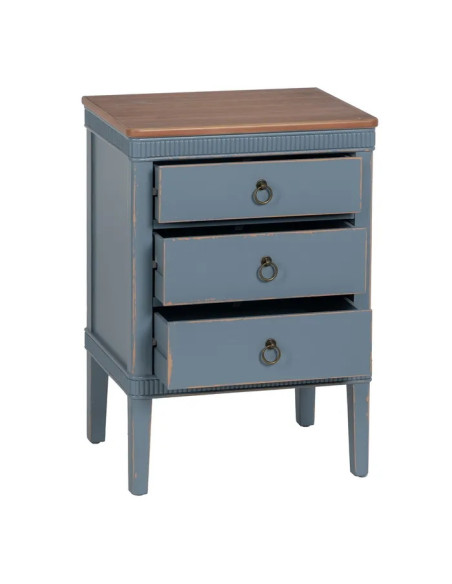 Table de chevet en bois patinée avec 3 tiroirs