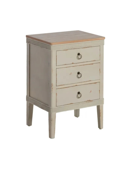 Table de chevet en bois patinée avec 3 tiroirs