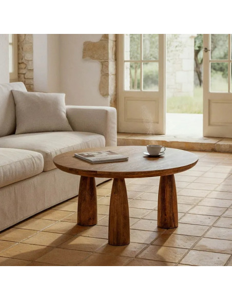 Table basse ronde en manguier pieds ronds